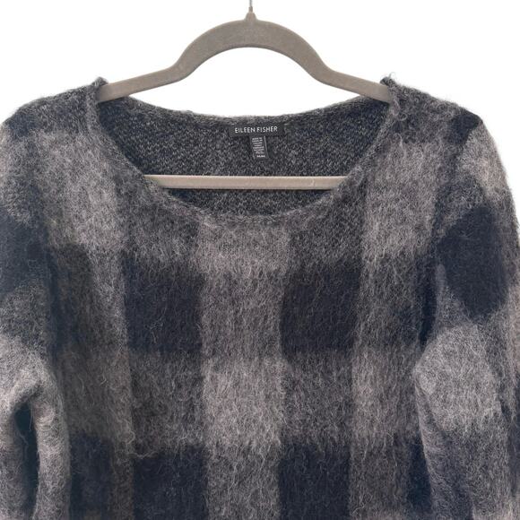 Eileen Fisher Mohair Alpaca Blend Check Plaid Sweater Black Gray Size Medium - Picture 5 of 10